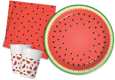 Ciao Partygeschirr Party-Set Watermelon Wassermelone für 8 Personen (36 pcs: 8 Pappteller Ø23cm, 8 Becher 200ml, 20 Servietten 33x33cm)