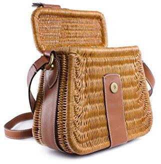 Giudi ® Korbtasche Eckig Rattantasche Leder Riemen Cognac Vintage Boho Hippie