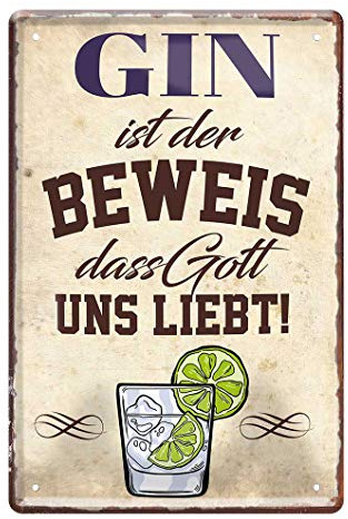 Gin Blechschild - Retro Deko Metallschild - lustiger Spruch für Gin Trinker & Genießer - witzige Wanddeko für Kellerbar Partyraum Bar Küche - besondere Geschenkidee für Gin Liebhaber - 20x30cm