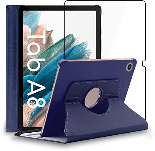 ebestStar - Cover per Samsung Galaxy Tab A8 10.5 (2021) SM-X200 X205, Custodia Protezione Rotazione 360, Pelle PU, Blu scuro + Vetro Temperato
