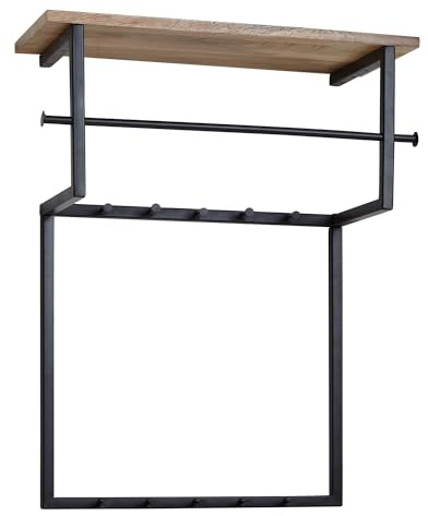 Wohnling Wandgarderobe 60x26x76 cm Mango Massivholz Metall, Hakenleiste | Flurgarderobe mit 5 Haken, Ablage und Kleiderstange, Garderobenleiste aus Holz für Jacken und Hüte, handgefertigt