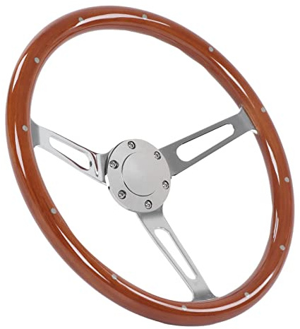 Raguso Klassisches Holzlenkrad , universelles 6 Loch Retro Lenkrad , Walnussgriff , genietet , 15 Zoll Durchmesser , Montage für Automodifikationen(Braun)