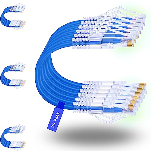 Rapink 24 Pack Cat6a Ethernet Patch Cables 0.5ft Blue, Supports 10G, Snagless, Slim, Ideal for Patch Panel to Switch, Data Center, Improves Airflow