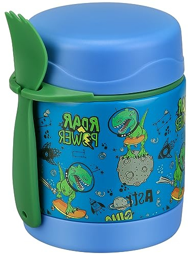 Stainless Steel Kids Lunch Jar - 10oz, Leak Proof, Wide Mouth, Insulated, Hot Food, Spoon Included (Blue-Dinosaur)