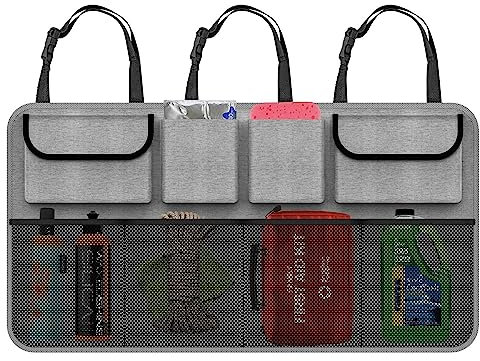 Vinsani Deluxe Car Boot Tidy Storage Bag Organiser Multi-Pocket Hanging Bag Back Seat Declutter Pouch Car Accessories Storage Solution Foldable Cargo Trunk for Vehicles - Grey