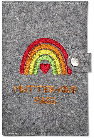 Goldi-Design mutterkindpasshülle österreich Regenbogen orange mit extra Fächern und Verschluss aus 100% Wollfilz (grau meliert)