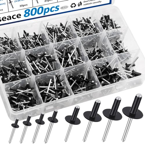 smseace 800pcs Black Pop Rivets with Large Flange Rivets Assortment Kit 7-Sizes Large Head(1/8 3/16 1/4) 8-Sizes Small Head (3/32 1/8 5/32 3/16)
