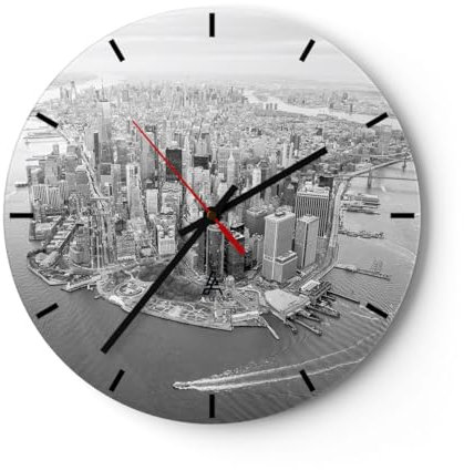 Modern Wanduhr New York Landschaft Die Architektur 30x30cm Rund Klein Wand Uhr Glas Analog Zimmeruhren Küche Büro Wohnzimmer Glasuhr Wall Clock Dekoration Design Küchenuhr C3AR30x30-5294