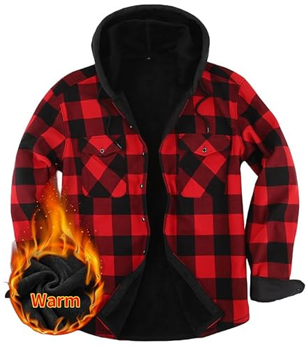 Iris Sprite Chemise à Carreaux pour Hommes avec Poches Chemise à Carreaux décontractée Veste à Carreaux à Capuche pour Hommes (Rouge, XXL)