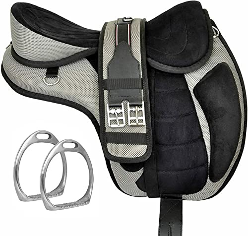 Sazaar Tack Sella per Cavallo Inglese Freemax Senza Albero Sintetica con Circonferenza Abbinata e staffe in Alluminio Set Coppia (Sedile da 18 Pollici, Grigio)