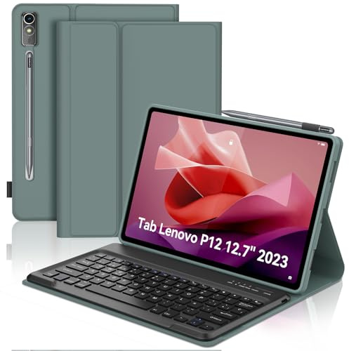 SENGBIRCH Teclado para Lenovo Tab P12, Lenovo Tab P12 Funda Teclado, Español Ñ Bluetooth Inalámbrico Desmontable para Lenovo P12 2023 12.7 TB370FU, Verde Oscuro