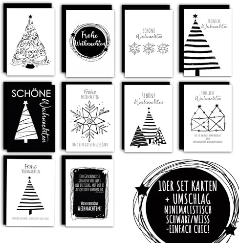 bambelina Weihnachtskarten in minimalistisch stilvollem Schwarz Weiß Design Set mit 10 Stück A6 Karten mit Umschlag Großeltern Freunde Geschäftskunden