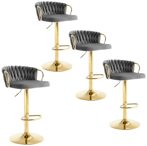 WOLTU Barhocker 4er Set, mit geflochtener Lehne, Samtstuhl, Dunkelgrau