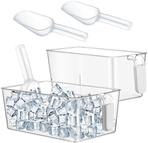 Havawish 2 Set Ice Bin and Flexible Scoop Set Plastic Freezer Ice Bin with Pull out Handle Clear Storage Bucket for Container with Bucket Scoop(Grey,10.83 x 7 x 4.33 Inch,10.83 x 4.92 x 4.33 Inch)
