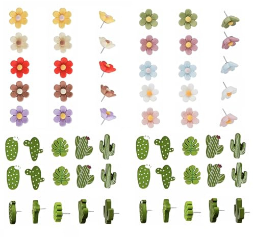 60PCS Chinchetas con Dibujo Flores, Juego Chinchetas para Corcho Resina Colores Forma de Flores y Cactus de Madera, Chinchetas Bonitas para Tablones de Anuncios Fotos Mapas Avisos Oficinas Escuelas