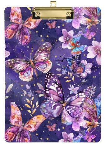 Klemmbrett mit glitzernden Schmetterlingen und Blumen, A4-Größe, 31,8 x 22,9 cm, Kunststoff-Klemmbrett mit flachem Profil-Clip für LKW-Fahrer