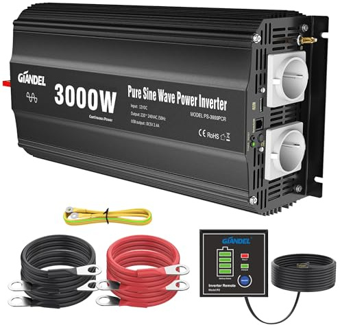 Giandel Inversor de Corriente 3000W Onda Sinusoidal Pura Convertidor DC 12V a AC 220V 230V con Mando a Distancia & 2 AC Tomas & Puerto USB para Coche de Caravana camión