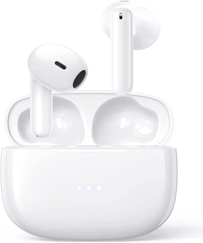 AVOLVO Wireless Earbuds, Bluetooth 5.3 Headphones NEW Wireless Headphones with 4 ENC Mic, 56H Bluetooth Earphones in Ear Noise Cancelling Deep Bass, Mini Ear Buds Bluetooth Earbuds IP7 White
