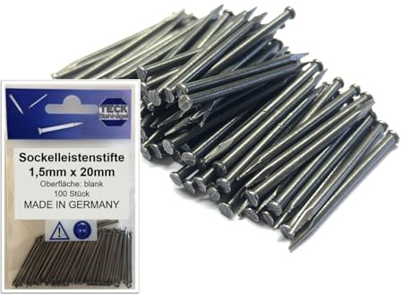 TECK Stahlnägel Sockelleistenstifte Ø1,5mm x 20mm blank - 100 Stück | Extra stabil für Mauerwerk & Sockelleisten | Made in Germany