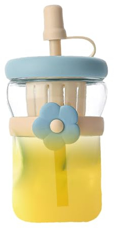 Niesel Bouteille en verre réutilisable, bouteille transparente avec verres à boire | Grande bouteille avec couvercle et paille, récipient imperméable pour boissons, lait, café, thé et boissons