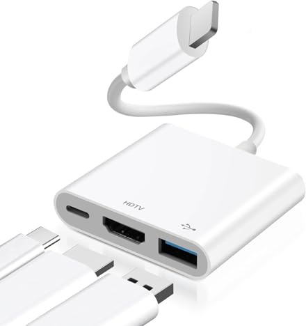 Quevati 3-in-1 HDMI OTG Adapter für 1Phone, Digital AV 1080P HDMI Adapter mit USB Buchse und Ladeanschluss, Kompatibel mit 1Phone 14/13/12/11/XS/XR/X/8/7/6, Unterstützt USB Flash Drive, MIDI
