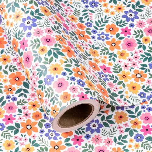 RUSPEPA Rotolo Di Carta Da Regalo Floreale Kraft - Mini Rotolo - 43,2 Cm X 3 M - Carta Da Regalo Con Fiori Delicati, Perfetta Per Matrimoni, Compleanni, Addio Al Nubilato E Tea Party