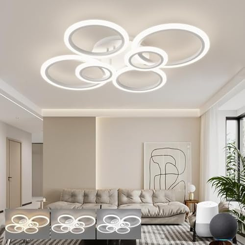 KeLuKes Moderne Deckenlampe Compatible with Alexa, Smarte 3/4/5/6 Ringförmige Deckenleuchte, 3000K-6500K Einstellbar, 60W/46W/82W, LED Dimmbar Leuchte für Schlafzimmer Wohnzimmer, Weiß, 80cm
