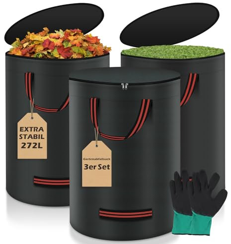 Miaglury Lot de 3 sacs de jardin, 272 l, solides, avec couvercle, gant, grands, indéchirables et imperméables, pour déchets de jardin et municipalités, herbe, feuilles, haie noire