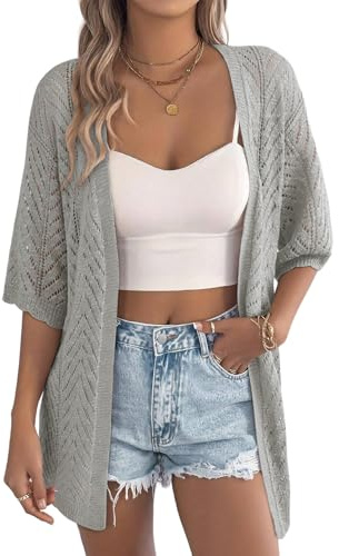 EVALESS Women's Crochet Short Sleeve Cardigan Sweaters, Light Grey, Small | Lightweight Cardigans for Women, Hollow Out Open Front Kimonos Tops, Summer Fall Vacation Travel Boho Outfits