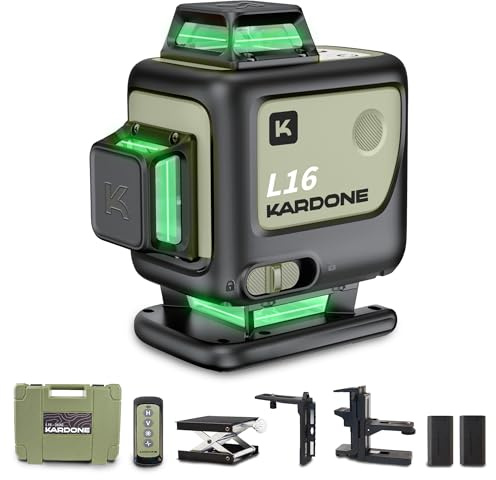 Kardone - Niveau Laser L16-360° auto nivelant 4 lignes vertes outil professionnel, 2x batteries rechargeable, accessoires pour chantier et travaux de rénovation