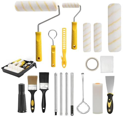 18-delat set med färgrullar, väggfärg med 30–120 cm teleskopstång, 23 cm + 11 cm målarbulle med pensel, skrapa och färgbadkar, måleriset, målning, väggfärg, skoter, set för väggar och tak