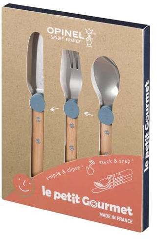 Opinel Le Petit Gourmet – 3 Piece Children’s Cutlery Set, Rounded Dull Knife, Spoon, Fork, Supports Independence at Every Meal, Montessori Tools Made in France (Rain Blue)
