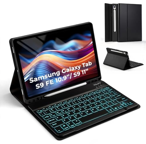 Coque Clavier pour Samsung Galaxy Tab S10 Lite S10 FE/S9 FE/S9 10.9, Clavier RéTroéClairé 7 Couleurs pour S10Lite Tablet 2025, Magnétique Claviers Coque Bluetooth sans Fil avec Porte-Stylo, Noir