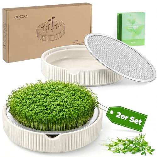 ecooe Kresse Anzuchtschalen 2er Set –Ø 15 cm Kressesieb mit Edelstahlsieb, Keimschale mit Pflanzanleitung, Microgreens Anzuchtschalen, keimglas für Sprossen, Weiß Premium Keramik sprossenglas
