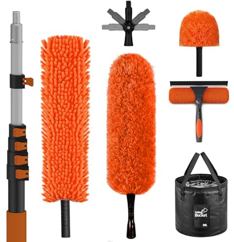 SISUPASSIE 7.2m Extendable Feather Duster Kit, 7 PCS Dusters for Cleaning with Professional Telescopic Pole, Long Reach Washable Duster and Window Cleaning Equipment for Cleaning Windows Cobwebs
