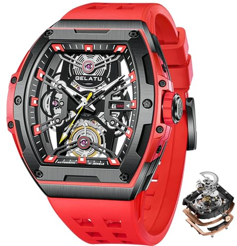OLEVS Gelatu Herrenuhr, automatische Tonneau-Uhr, Skelett, mechanisch, 50 m, wasserdicht, quadratisch, für Herren, Weiß/Schwarz/Roségold, Rote Uhren, mechanisch, Herrenuhr