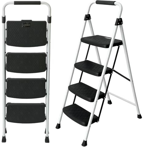UZIRO Escalera Plegable 4 Peldaños, Blanco, Antideslizante | Estructura de Acero y Aluminio, Peldaños Antideslizantes, Asa de Goma, Para Hogar, Cocina, Oficina y Bricolaje