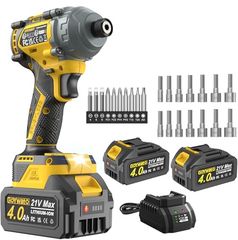 GoYwato 1/4 Destornillador de Impacto 21V sin Escobillas, 290 Nm & 2 Baterías 4000mAh & 10 Puntas & 14 Enchufes, Atornillador de Impacto para Apriete y Remoción Rápida de Tornillos, Amarillo