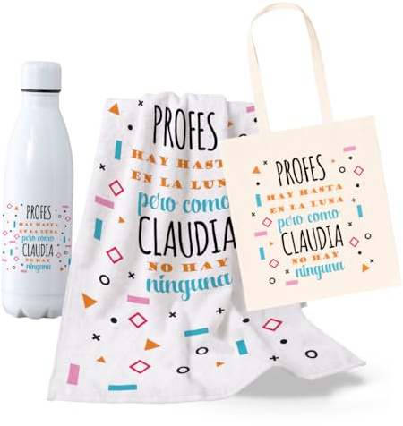 DEREGALOOS Pack Playa Personalizado para Profesores y Maestros. Regalo Fin de Curso 2025/2026. Incluye Tote Bag Toalla y Botella 700ml. (Profes Hay hasta en la Luna...)