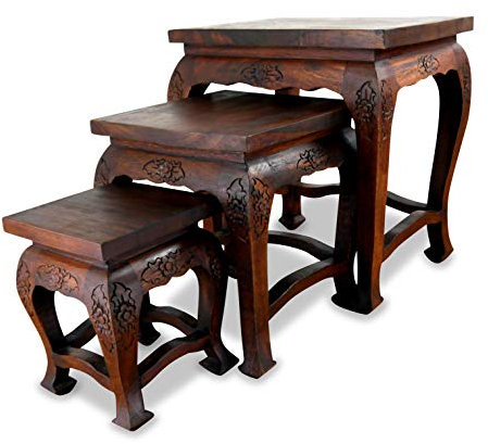 livasia Opiumtische im 3er Set, Massivholztisch, Beistelltisch, Couchtische (dunkelbraun)