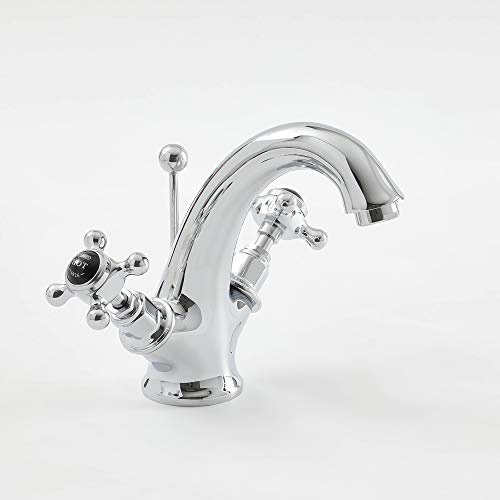 Hudson Reed Old London BC405HX Topaz | Traditional Bathroom Mono Basin Mixer Tap with Crosshead Handles and Hexagonal Collars with Pop-Up Waste, 172mm x 215mm, Chrome/Black