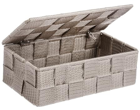 WENKO Aufbewahrungskorb mit Deckel Adria Taupe Mini, Aufbewahrungsbox, Badkorb mit Deckel