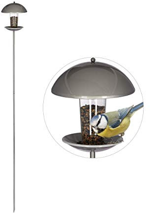 Relaxdays Vogelfutterspender, Futterhäuschen für Vögel, Aufhängen o. Stecken, Garten & Balkon, mit Stab H: 172cm, silber