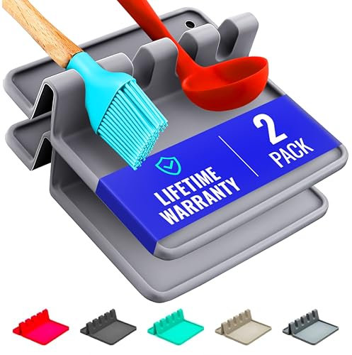 Silicone Spoon Rest for Stove Top with Drip Pad (Two Pack) - Heat Resistant, BPA Free Utensil Rest & Spoon Holder for Kitchen Counter - Grill Utensil Holder for Spatulas, Tongs, Ladles (Grey)