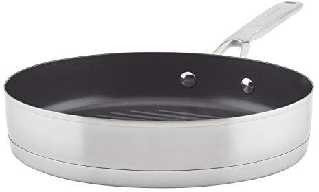 KitchenAid 71012 Grillpfanne/Grillpfanne, 3-lagiger Boden, gebürsteter Edelstahl, antihaftbeschichtet, 26 cm