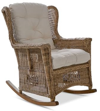 Loberon Schaukelstuhl Jeveren, in Handarbeit gefertigt, aufwendiges Flechtwerk, Ohrensesselform, Sitzmöbel, Rattan, Mahagoniholz, Baumwolle, braun/Creme