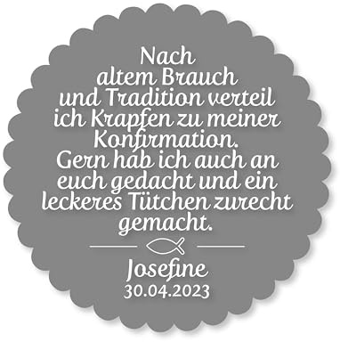 Personalisierte Aufkleber „Nach altem Brauch“ – Kommunion & Konfirmation – 4–8 cm – Selbstklebend – Text, Name & Datum individuell – Verkauf pro Bogen