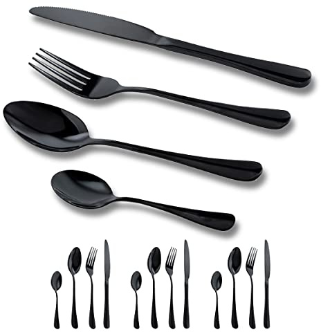 GOODFEER Cutlery Set, 16 PCS Stainless Steel Flatware for 4 People, Black | Mirror Polish Silverware Includes Dinner Spoons Knives and Forks, Dishwasher Safe, Ideal for Home or Restaurant