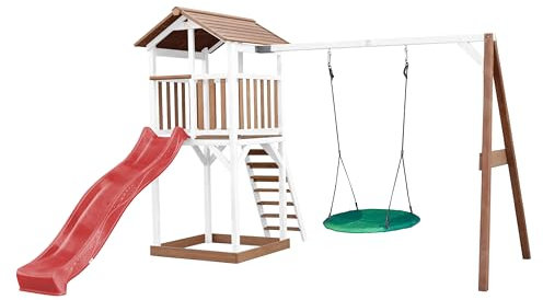 AXI Beach Tower Wooden Play Tower in Brown and White | Play tower with sandpit, nesting swing and red slide | Play house on stilts for the garden