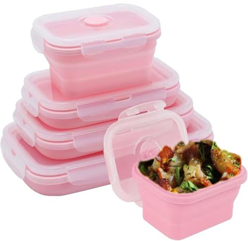 Kingmate 4er Set Food Storage Container Silikon Faltbare Vorratsdosen Frischhaltedosen-Set Frischalteboxen Kühlschrank-Dosen mit Deckel, BPA-frei Spülmaschinen Mikrowellen Geeignet, Pink